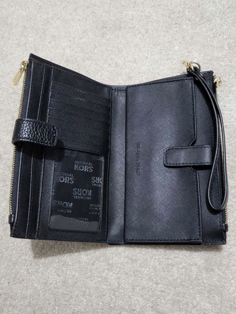 Michael Kors Black Pebbled Leather Zip Wristlet with Gold Logo - Picture 2 of 3